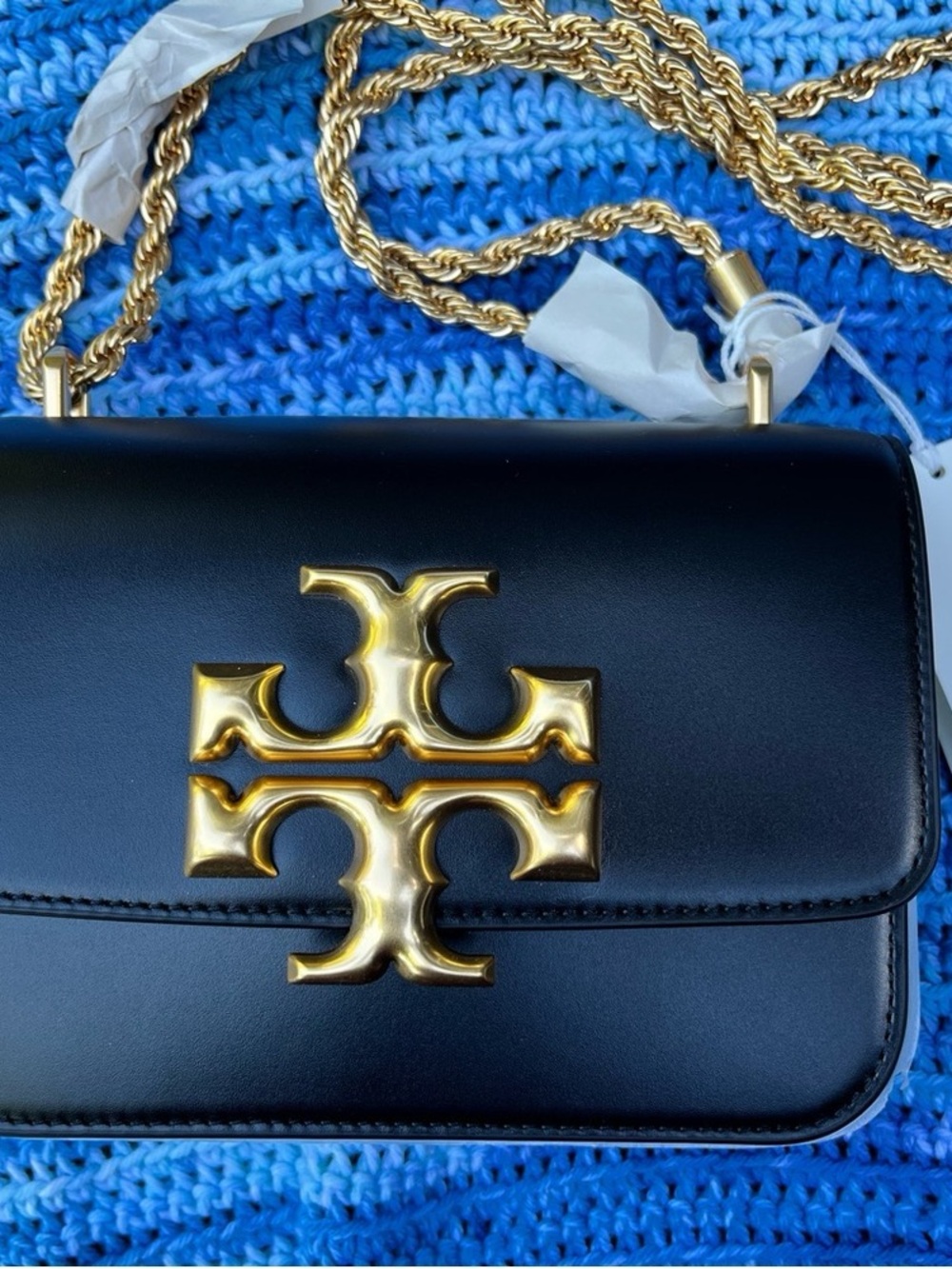 Tory Burch Black Leather Crossbody with Gold Logo and Chain🧀